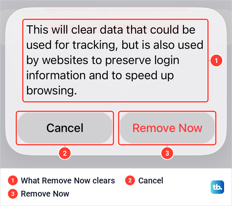 iPhone confirmation alert for Remove All Website Data with Cancel and Remove Now buttons.