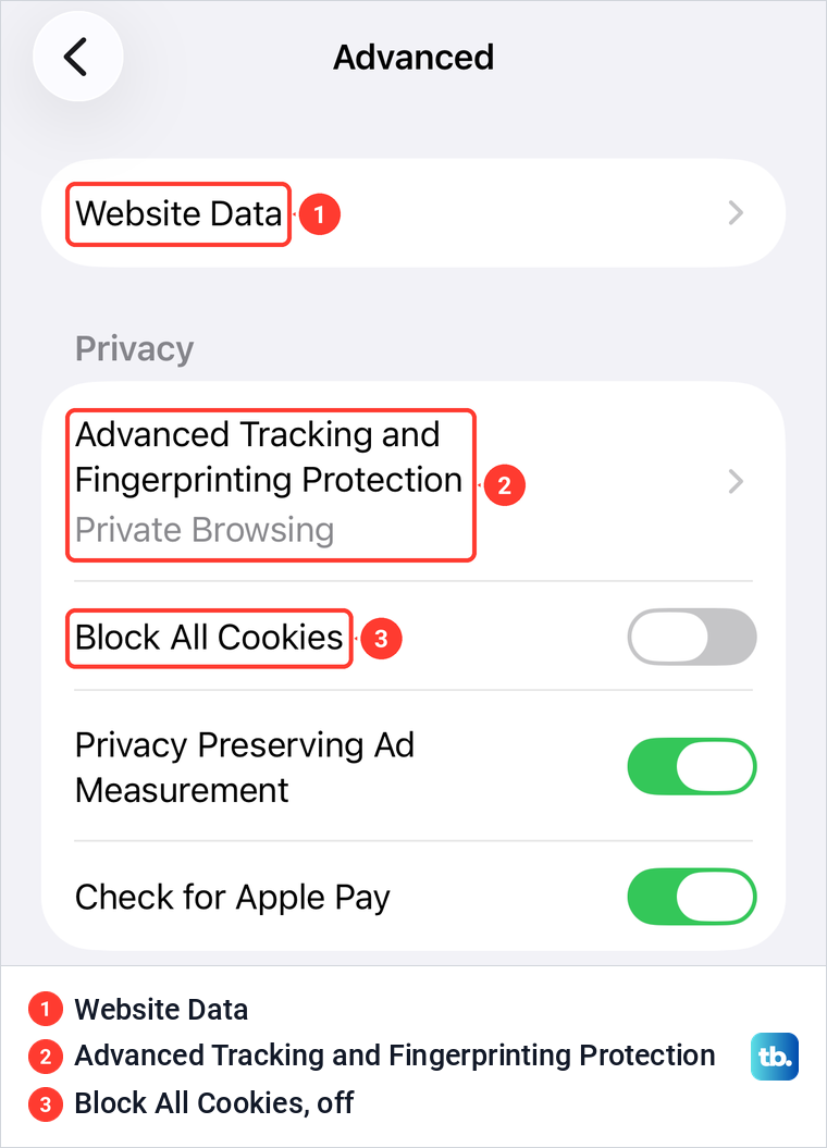 iPhone Safari Advanced settings with Website Data, Advanced Tracking and Fingerprinting Protection and Block All Cookies.