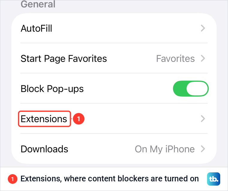 iPhone Safari settings General group with AutoFill, Block Pop-ups and the Extensions row.