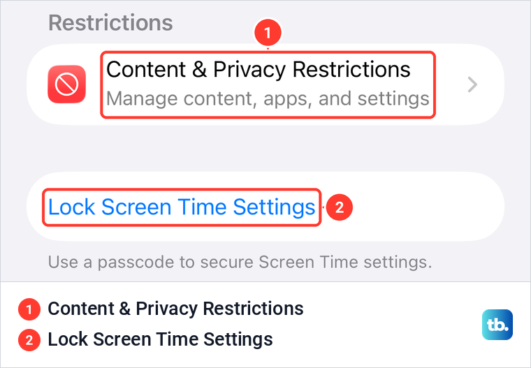 iPhone Screen Time settings with Content and Privacy Restrictions and Lock Screen Time Settings.