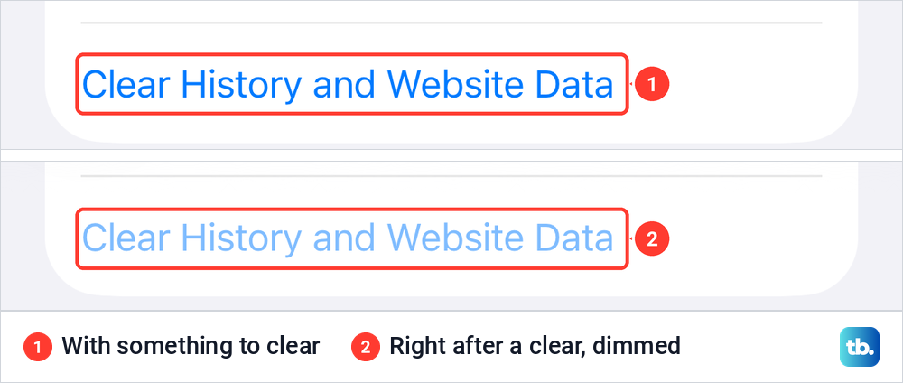 The Clear History and Website Data row in bright blue, and the row in faded blue right after a clear.
