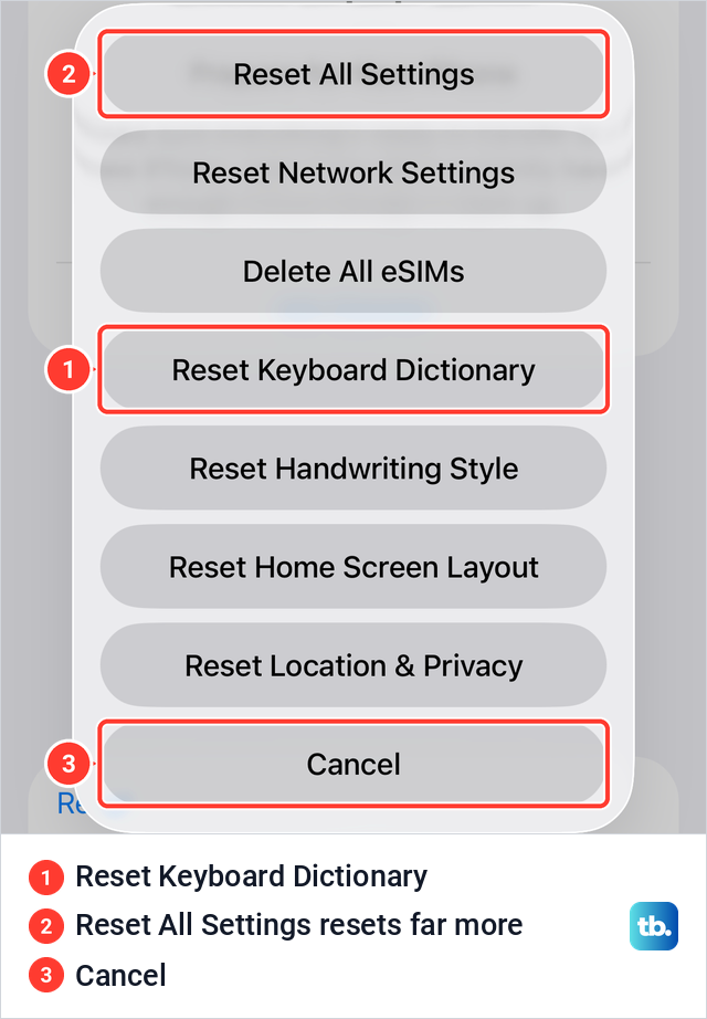 iPhone Reset sheet listing Reset All Settings, Reset Keyboard Dictionary and other reset buttons above Cancel.