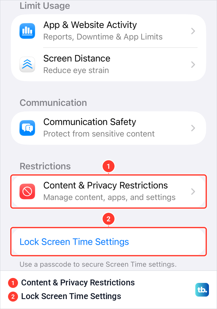 iPhone Screen Time settings with Content and Privacy Restrictions and Lock Screen Time Settings.