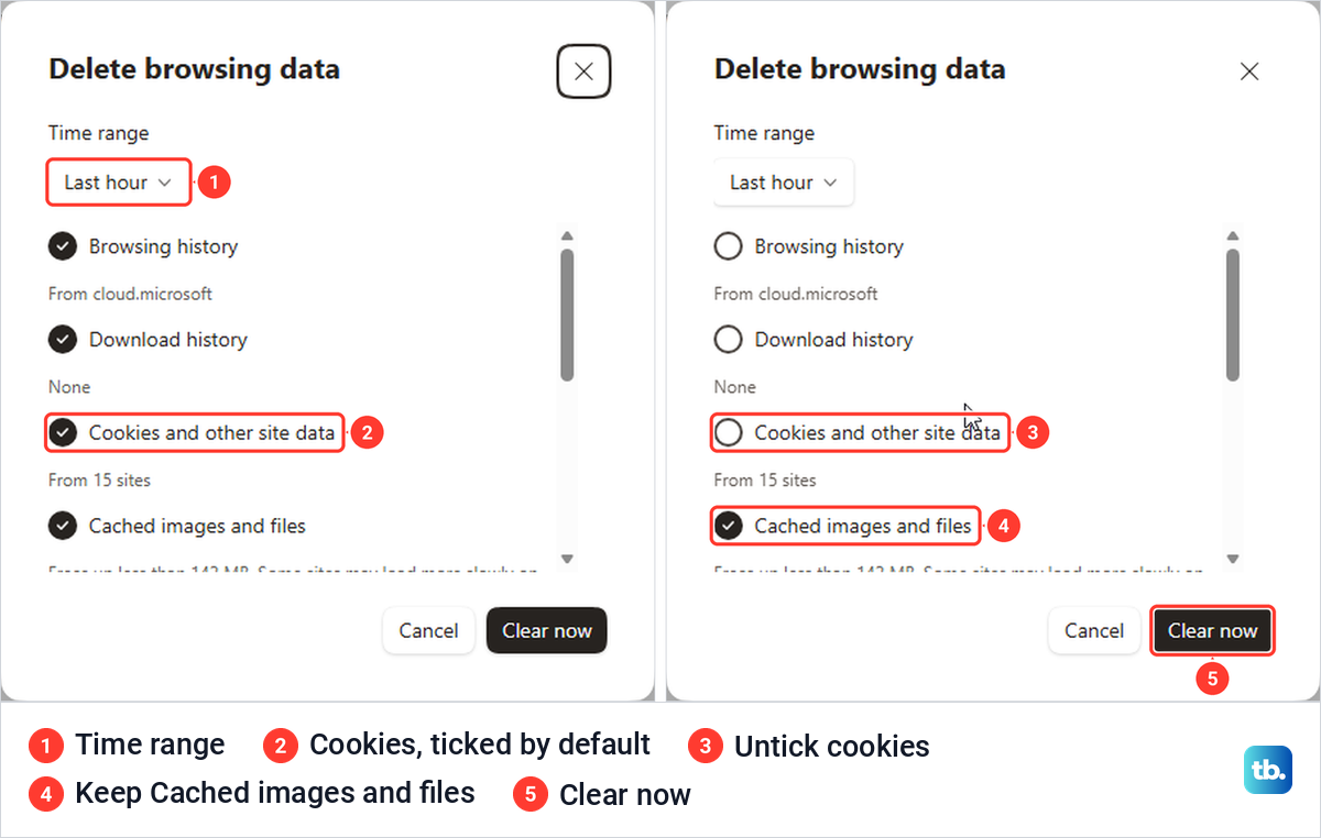 Microsoft Edge Delete browsing data box with default ticks, then with only Cached images and files ticked
