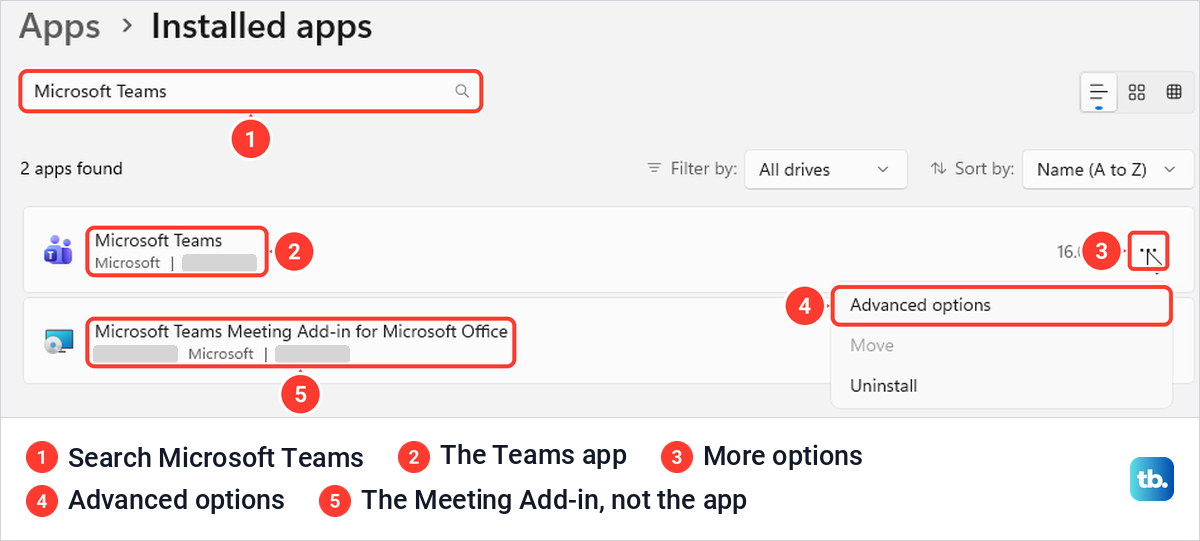 Windows 11 Installed apps search for Microsoft Teams with the More options menu showing Advanced options