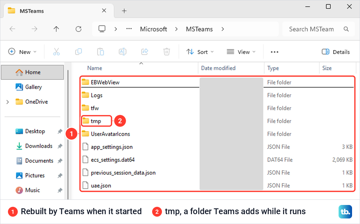 File Explorer showing the MSTeams folder filled again with nine items after Teams was reopened