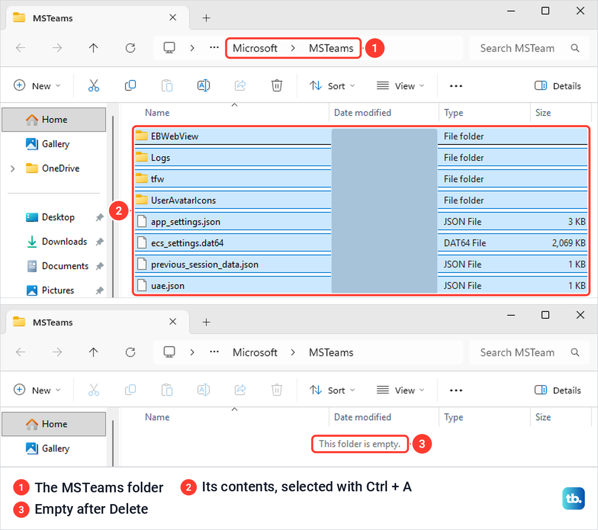 File Explorer showing the MSTeams cache folder with all eight items selected, then empty after Delete