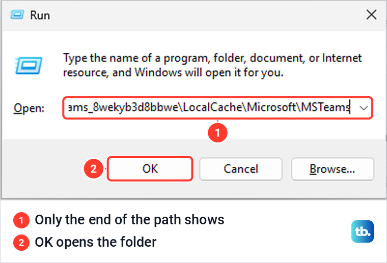 Windows Run box with the new Teams MSTeams cache path typed in the Open field