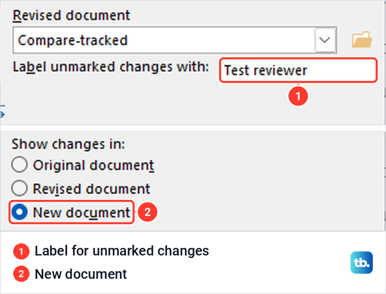 Word Combine Documents dialog with the reviewer's copy labelled Test reviewer and New document selected.