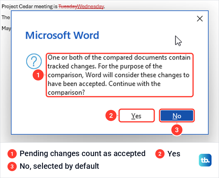 Microsoft Word warning that tracked changes will be treated as accepted for the comparison.