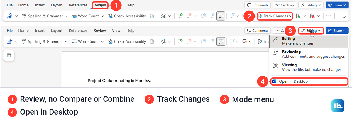 Word for the web Review tab without Compare, and the mode menu with Open in Desktop.