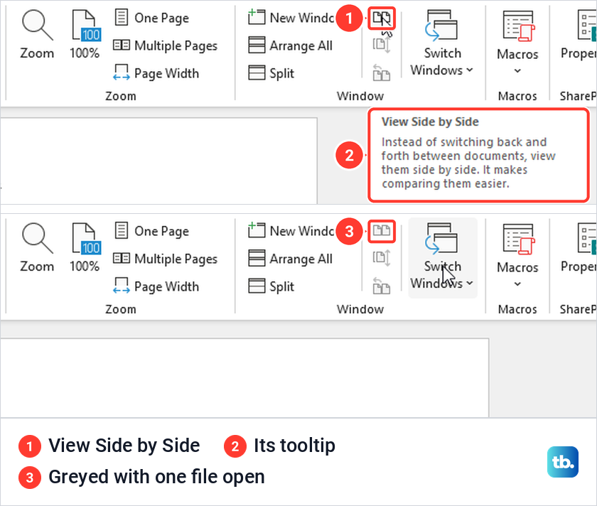 Word View tab Window group showing the View Side by Side icon active, then greyed out.