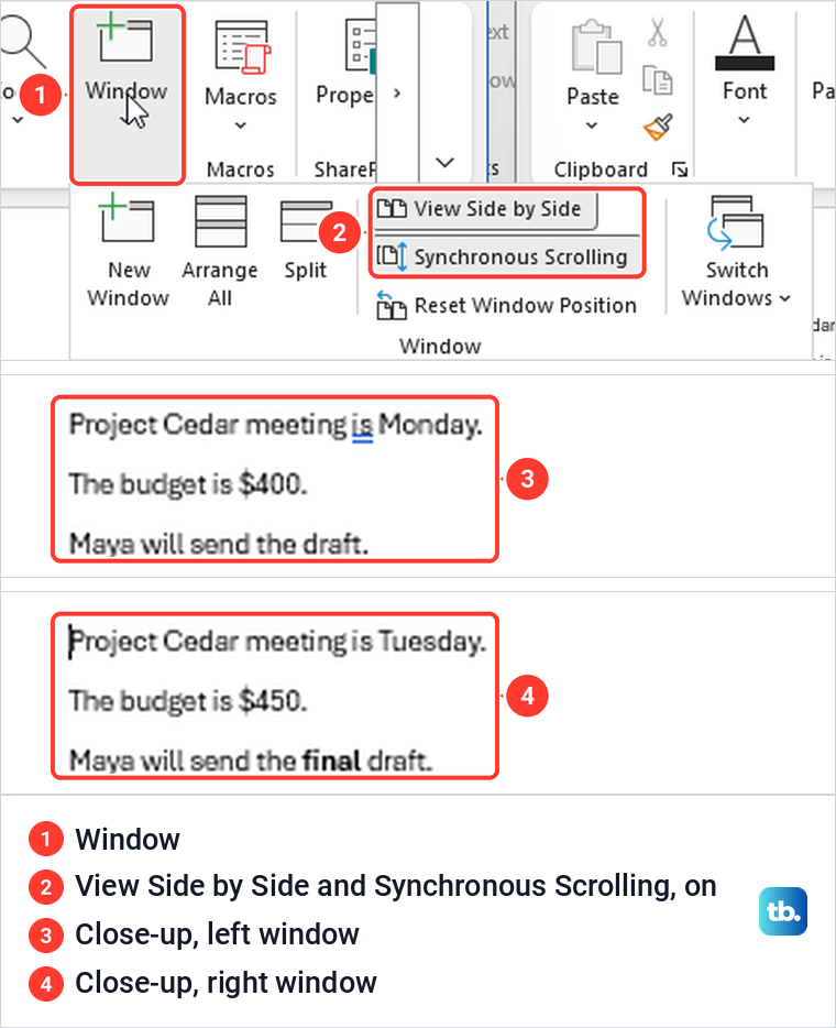 Word Window menu with View Side by Side and Synchronous Scrolling, and close-ups of the two side by side files.