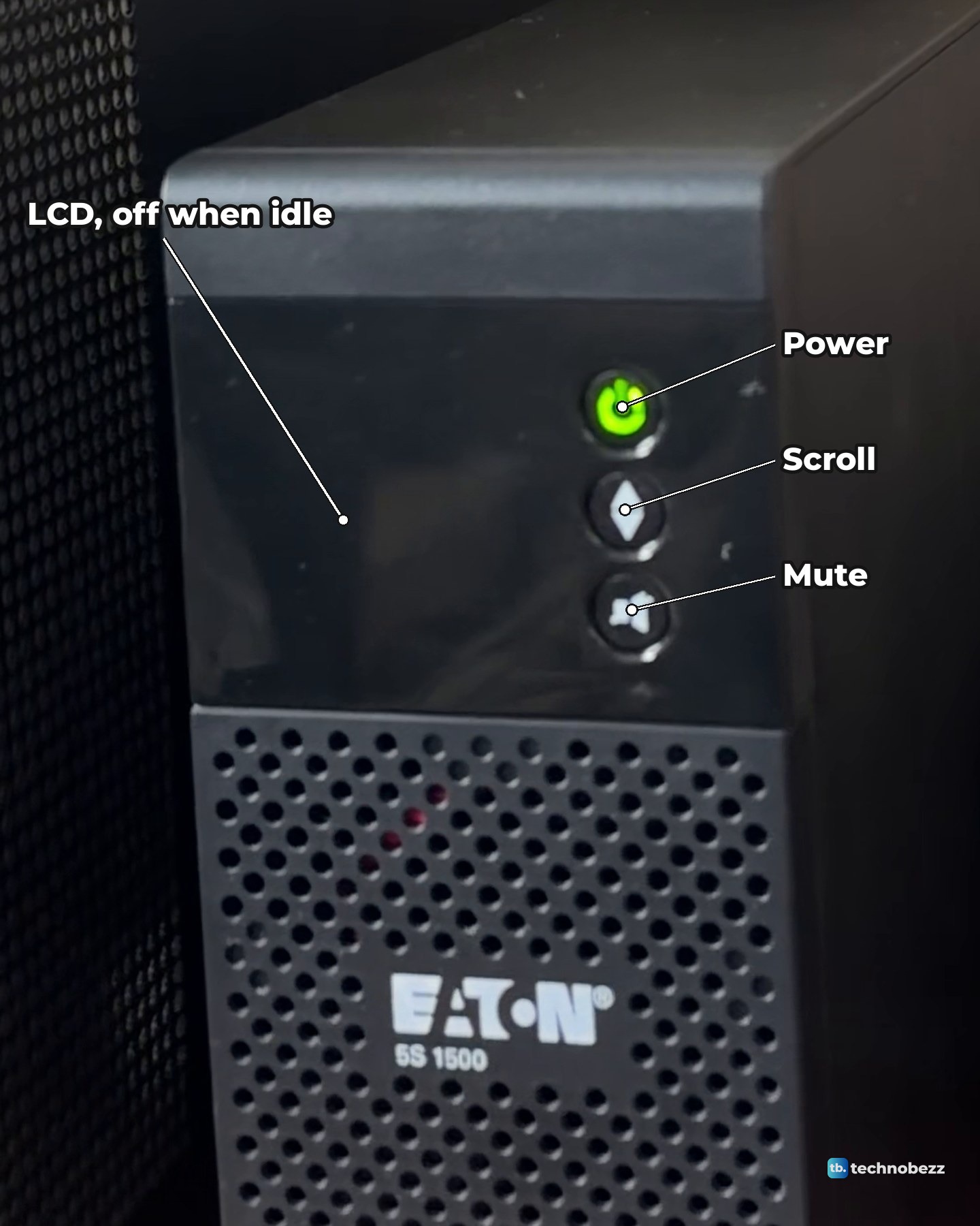 Close-up of the Eaton 5S 1500 front panel with labels pointing to the green power button, the scroll button, the mute button and the dark LCD