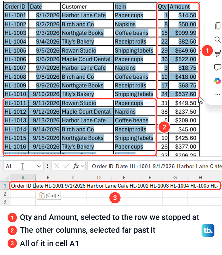 A PDF table selected in Edge's viewer above the same text pasted into a single Excel cell.