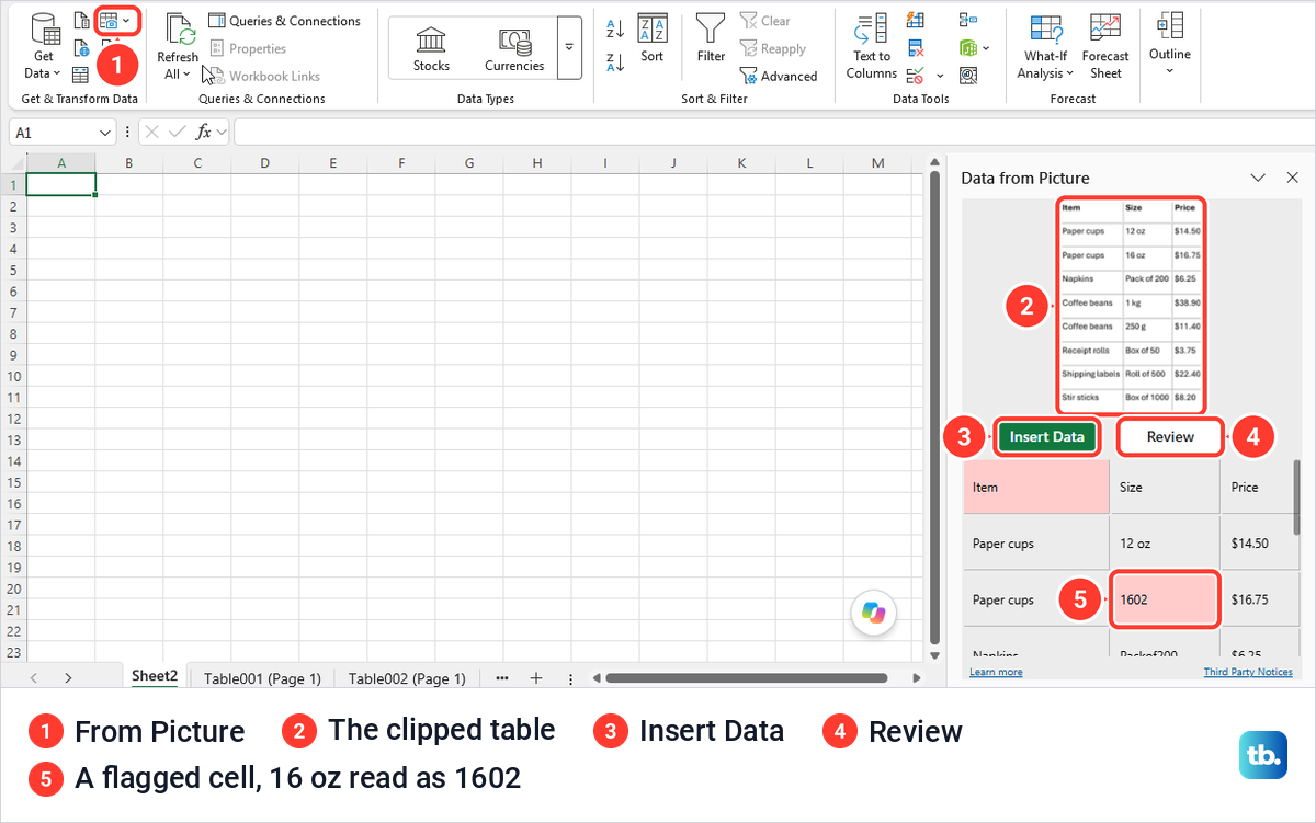 Excel's Data from Picture pane with a clipped price table, Insert Data and Review buttons and flagged cells.