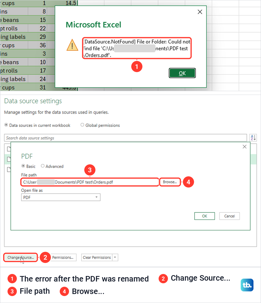 Excel's could not find file error above the Data source settings window with the Change Source box open.