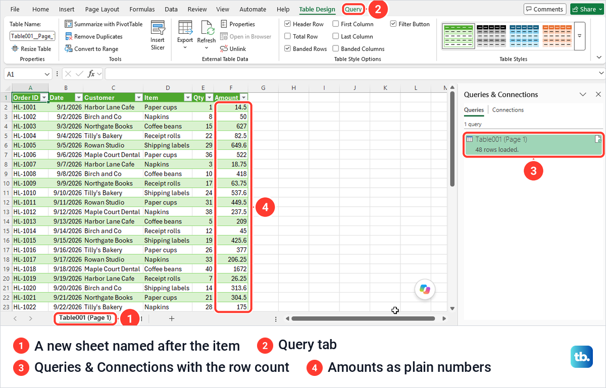 An Excel sheet holding the table imported from a PDF, with the Queries and Connections pane open.