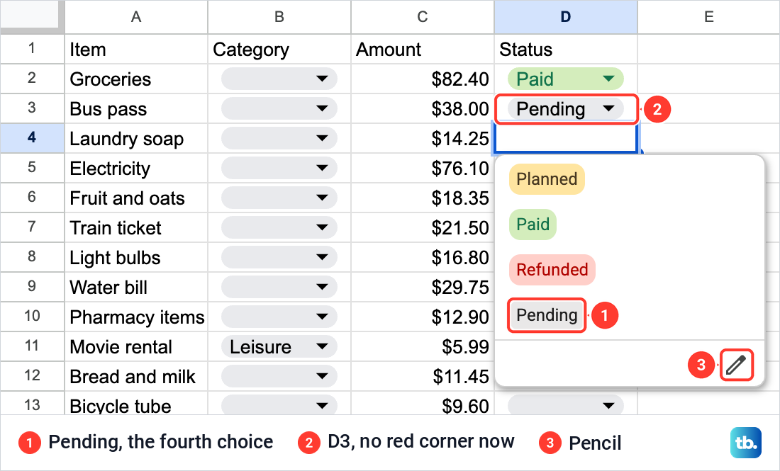 Google Sheets Status list with a fourth choice, Pending, and cell D3 showing Pending without a red corner.