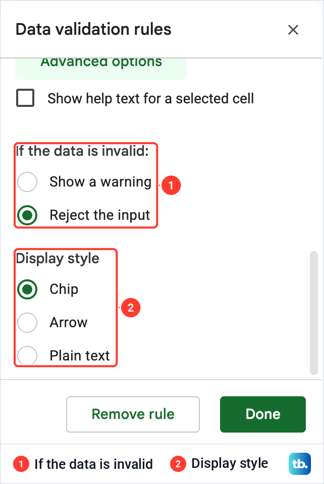 Advanced options of a Google Sheets dropdown rule showing invalid data choices and the three display styles.