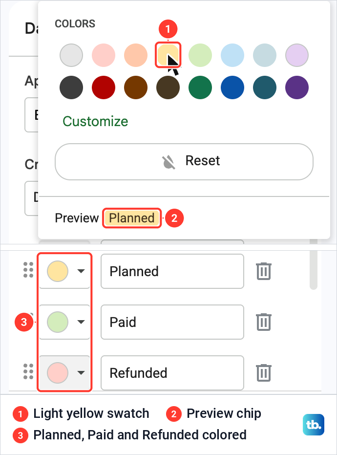Google Sheets color menu for a dropdown choice with a grid of swatches and a Preview chip, above three colored choices.