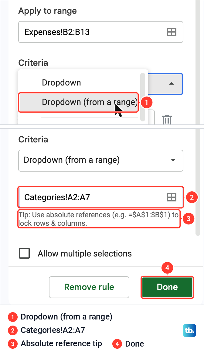 Google Sheets rule panel with Dropdown (from a range) chosen and the source range Categories!A2:A7 typed in.