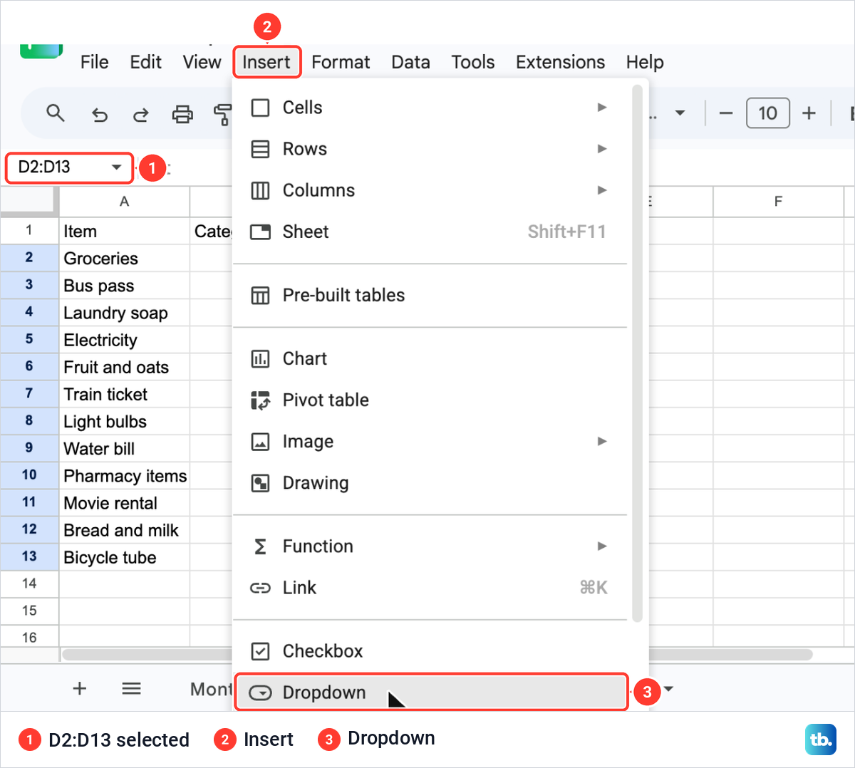 Google Sheets Insert menu open over an expenses table with Dropdown at the bottom and D2:D13 selected.