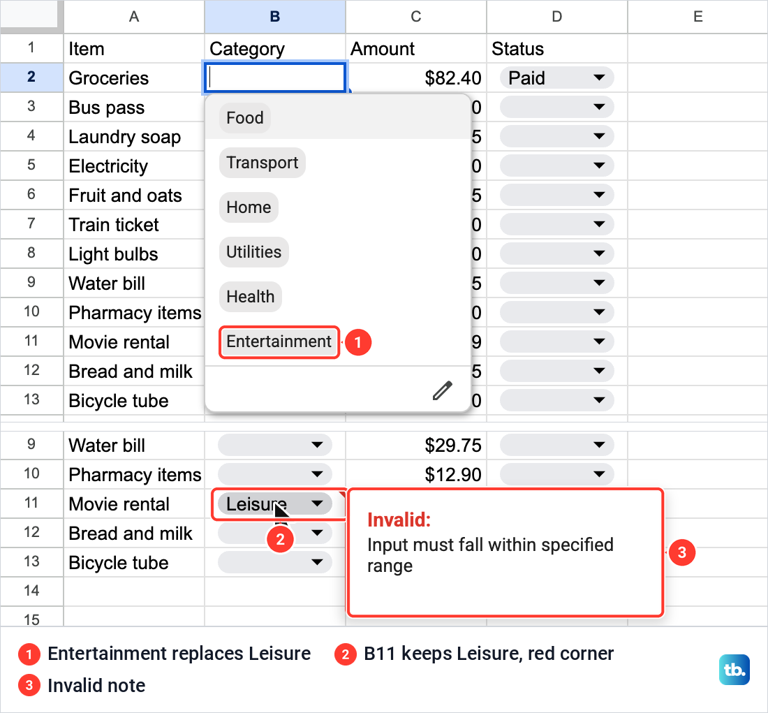 Google Sheets category list offering Entertainment after a source cell was renamed, and cell B11 still showing Leisure with an Invalid note.