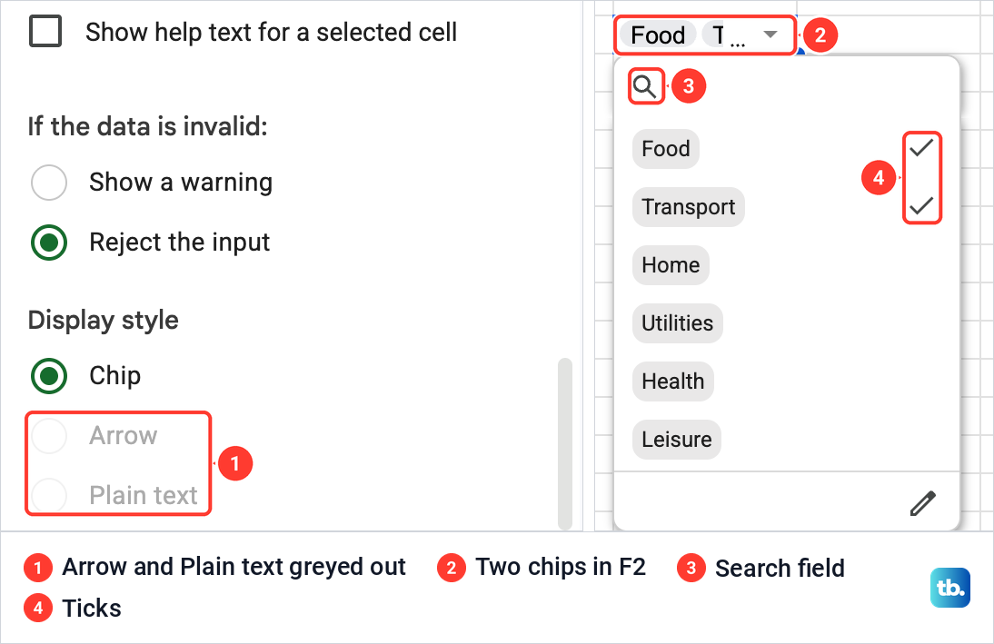 Google Sheets rule with Arrow and Plain text greyed out, beside a dropdown list with a search field and two ticked categories.