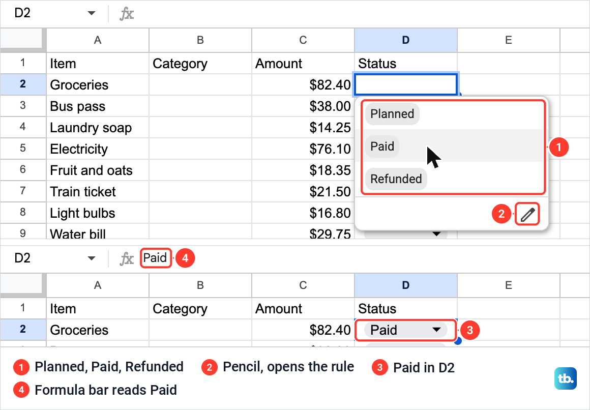 An open Google Sheets dropdown in cell D2 listing Planned, Paid and Refunded, and the same cell after Paid was picked.