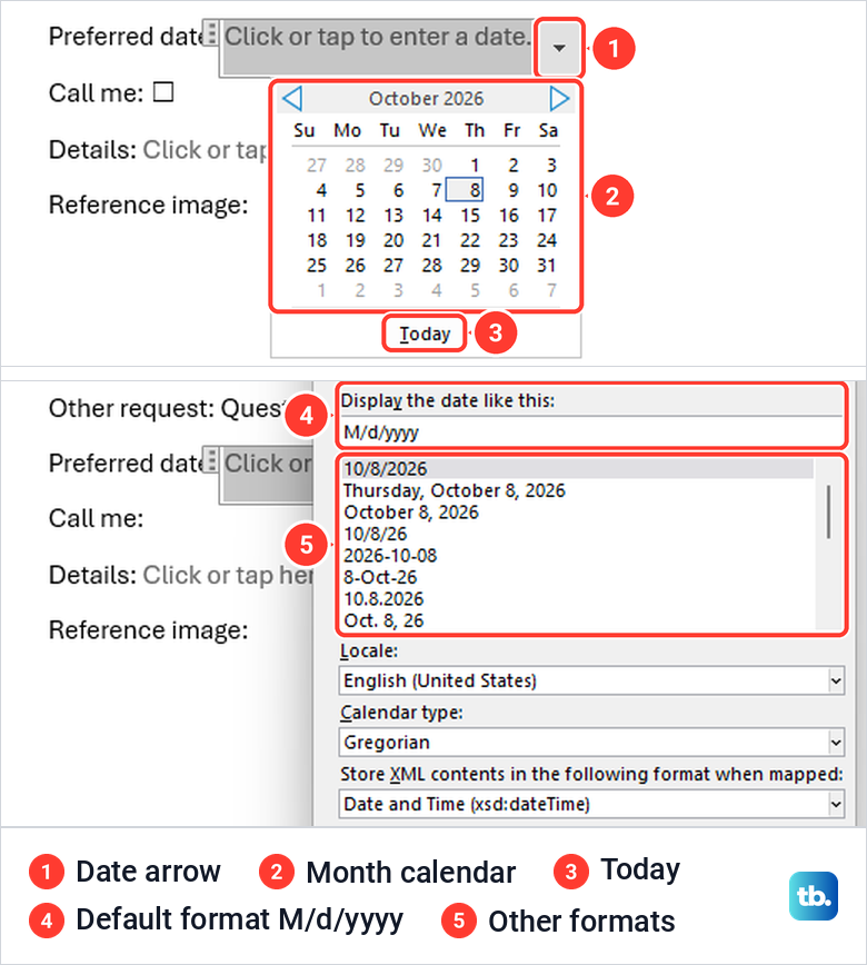 A Word date field with its calendar open, and the date format settings in Properties.