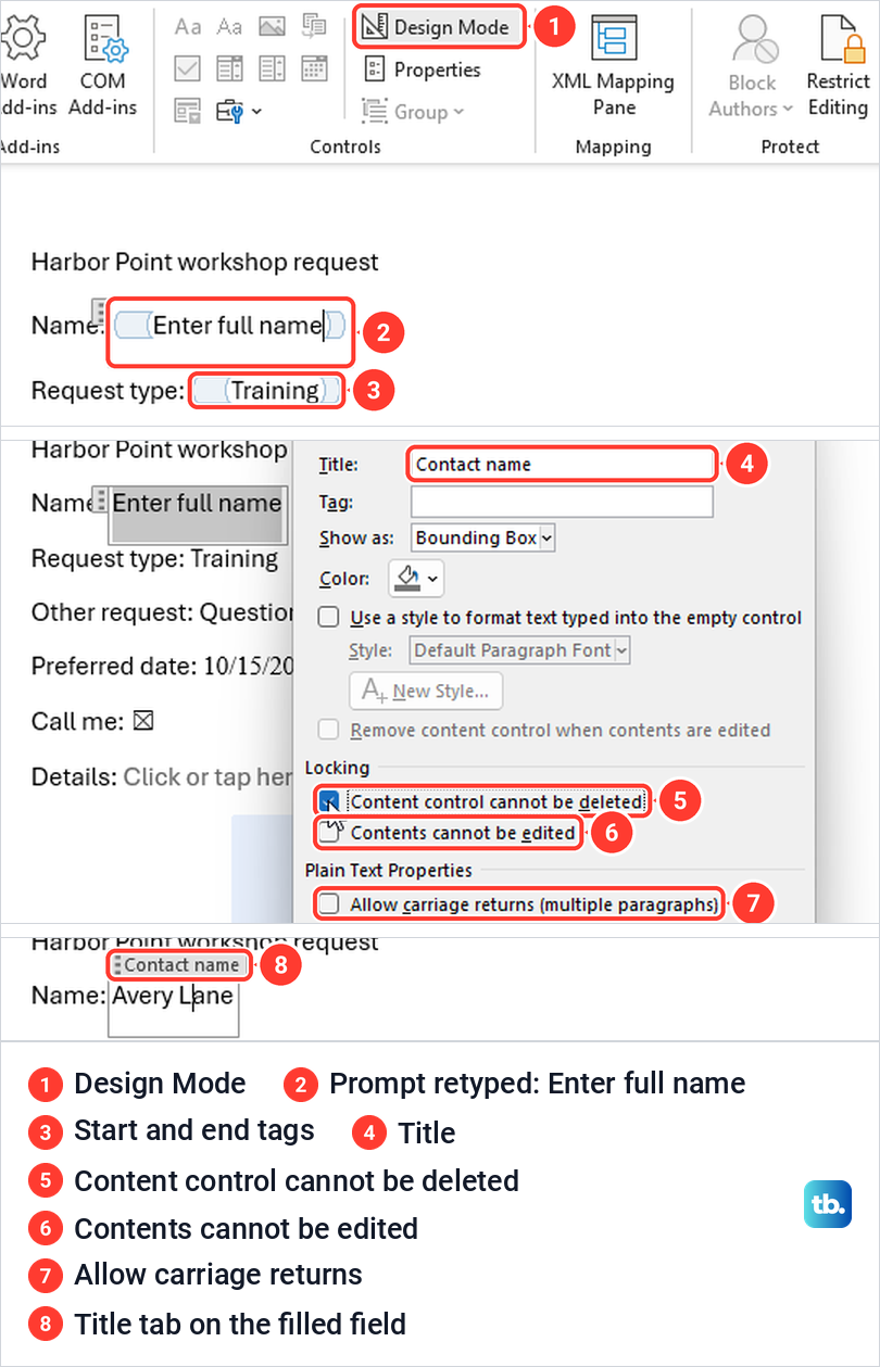 Word Design Mode with a retyped prompt, then the Title and Locking options in Properties.