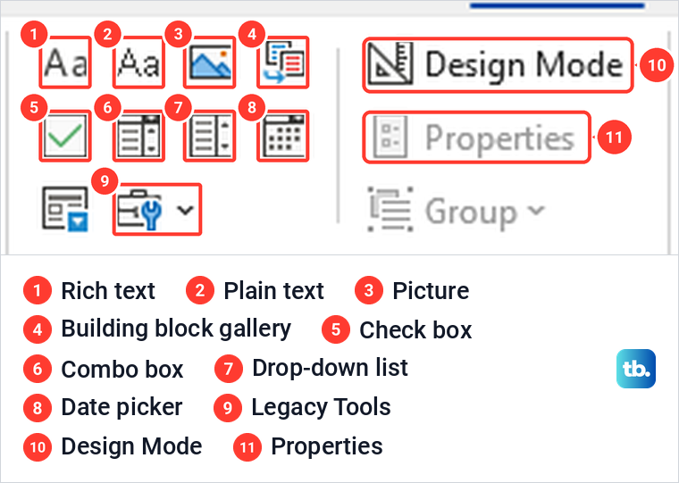 The Controls group on Word's Developer tab with the buttons this guide uses numbered.
