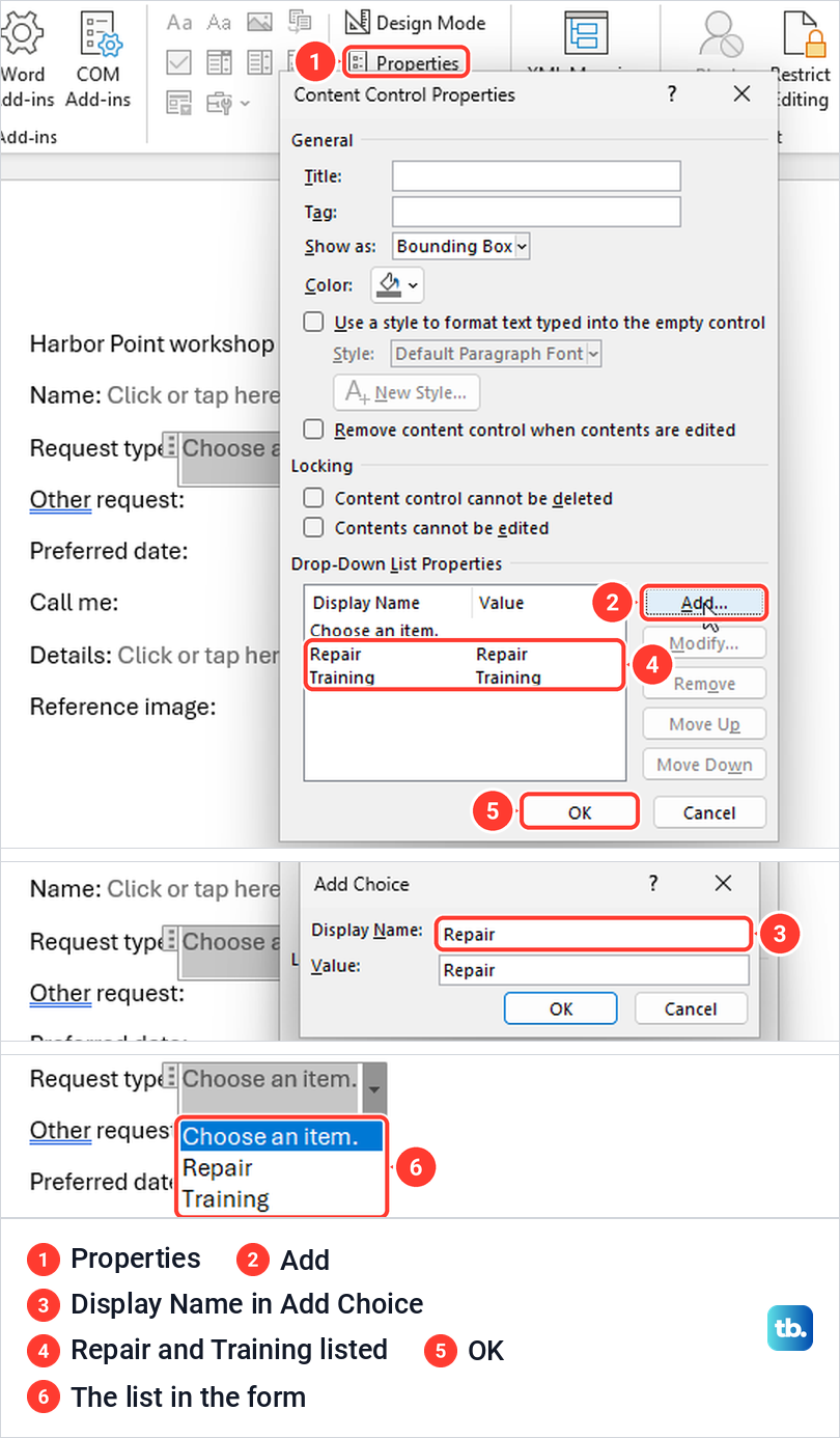 Word Content Control Properties with two list choices added, the Add Choice box and the open list.