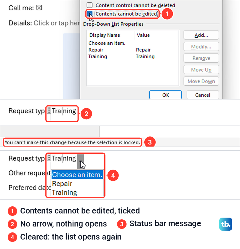 Word drop-down field locked by Contents cannot be edited, the status bar message, and the list working again.