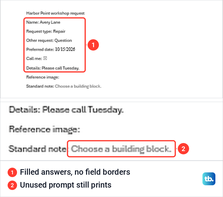 Word print preview of a filled form with no field borders, and an enlarged unused prompt that still prints.