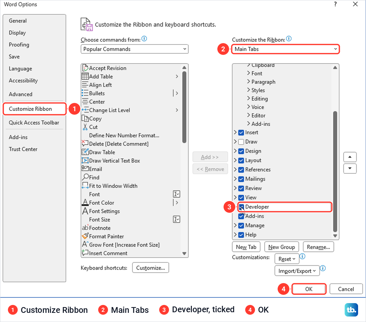 Word Options on Customize Ribbon with Main Tabs chosen and the Developer box ticked.