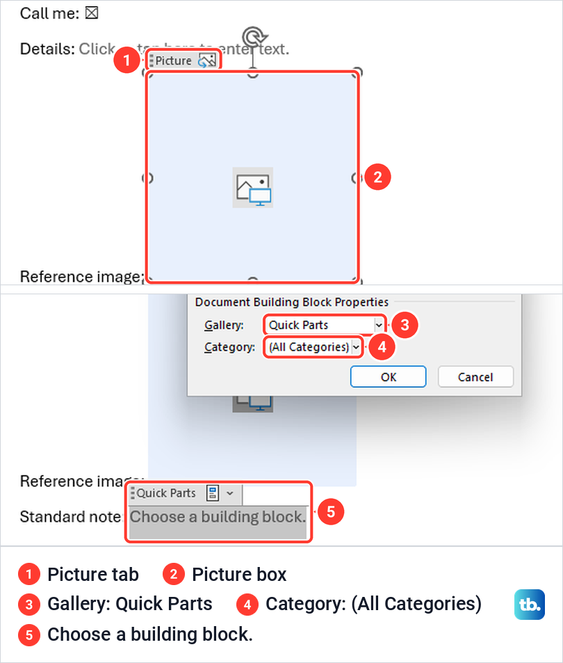 A picture field in a Word form, and the settings of a building block gallery field.