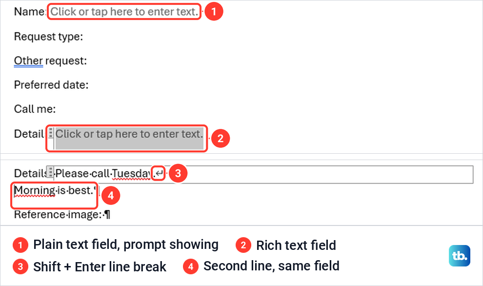 A plain text field and a rich text field in a Word form, then a line break inside the rich text field.
