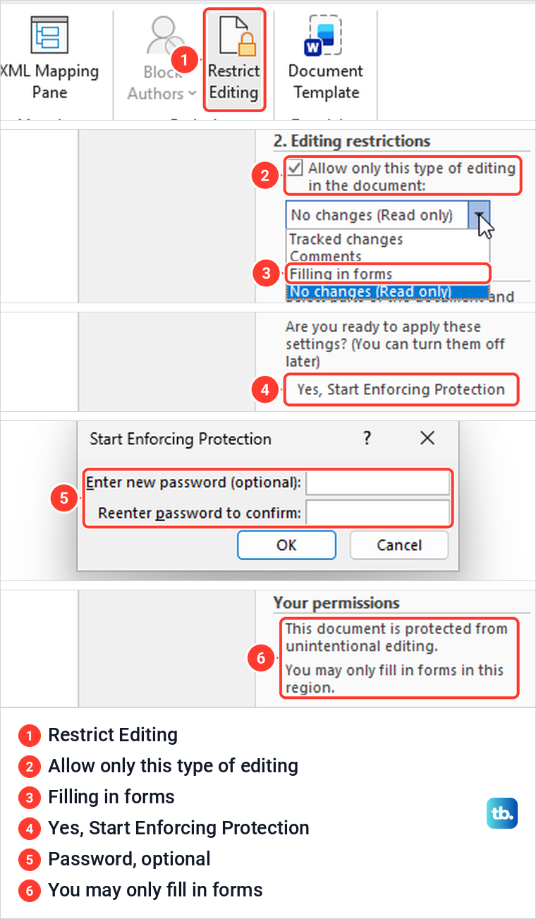 Word Restrict Editing steps: Filling in forms chosen, the optional password box and the protected pane.