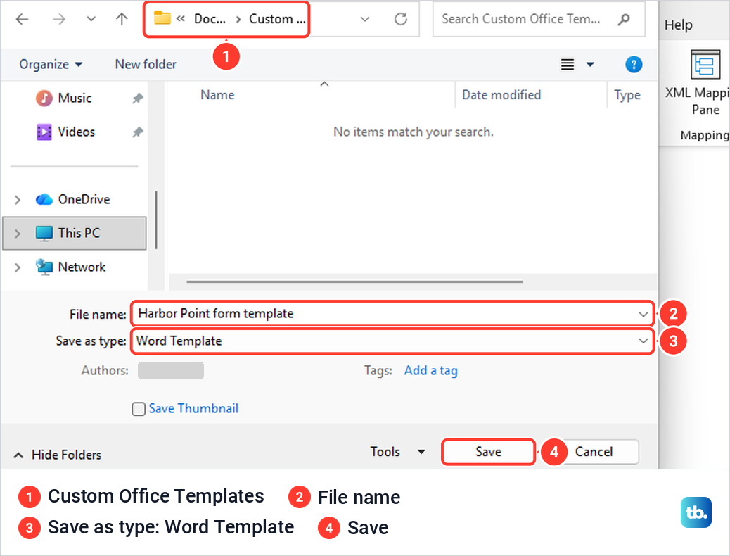 Word Save As dialog with Save as type set to Word Template and the Custom Office Templates folder.
