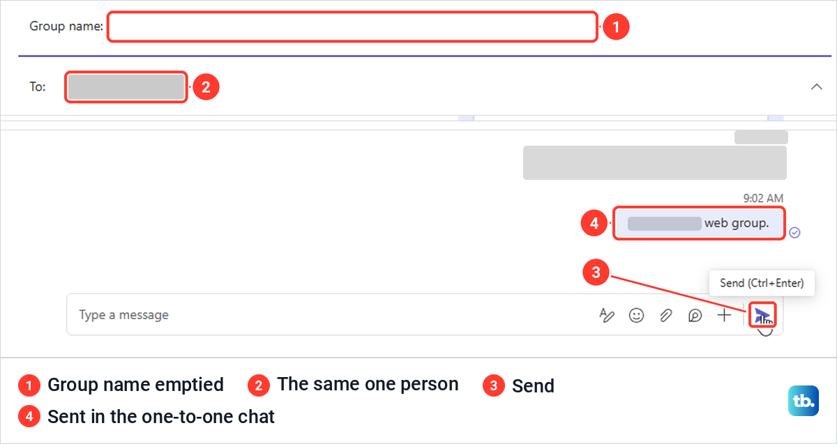 Teams with Group name emptied, showing the existing one-to-one chat and the message sent there.
