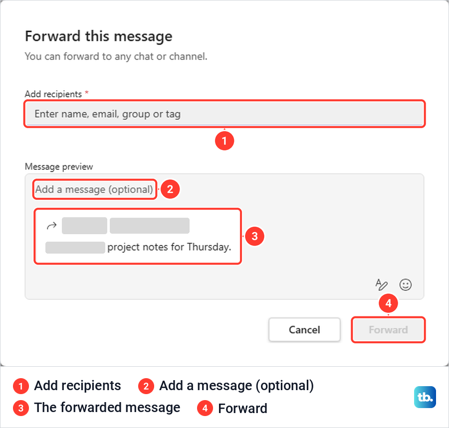 Teams Forward this message window with Add recipients, an optional message and the message preview.