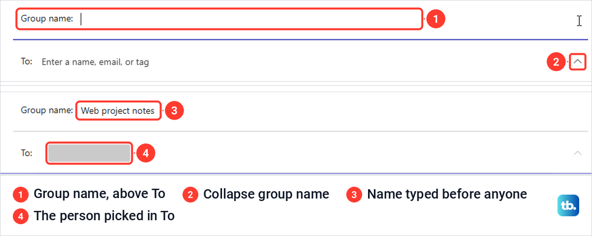 Teams New message with the Group name line open above To, then a typed name and one person added.