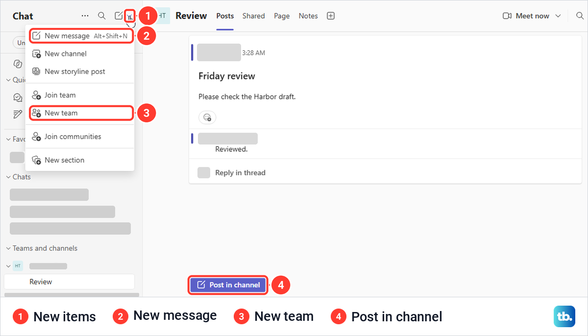 Teams New items menu listing New message and New team beside a channel with a Post in channel button.