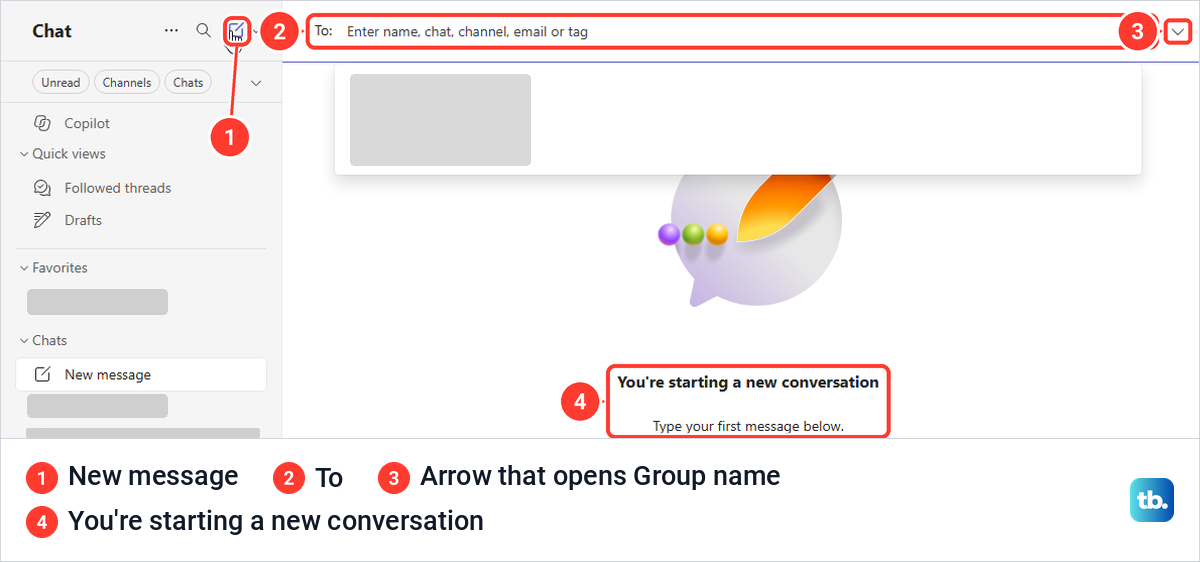 Teams for the web New message composer with the To box, the Group name arrow and the new conversation note.