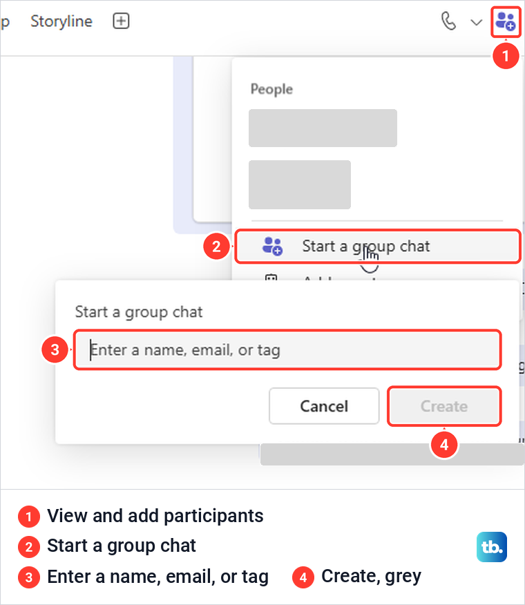 Teams one-to-one chat participants menu with Start a group chat and its box with a grey Create button.