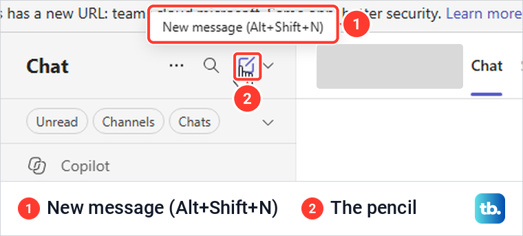 Teams for the web tooltip reading New message with the Alt+Shift+N shortcut above the pencil button.
