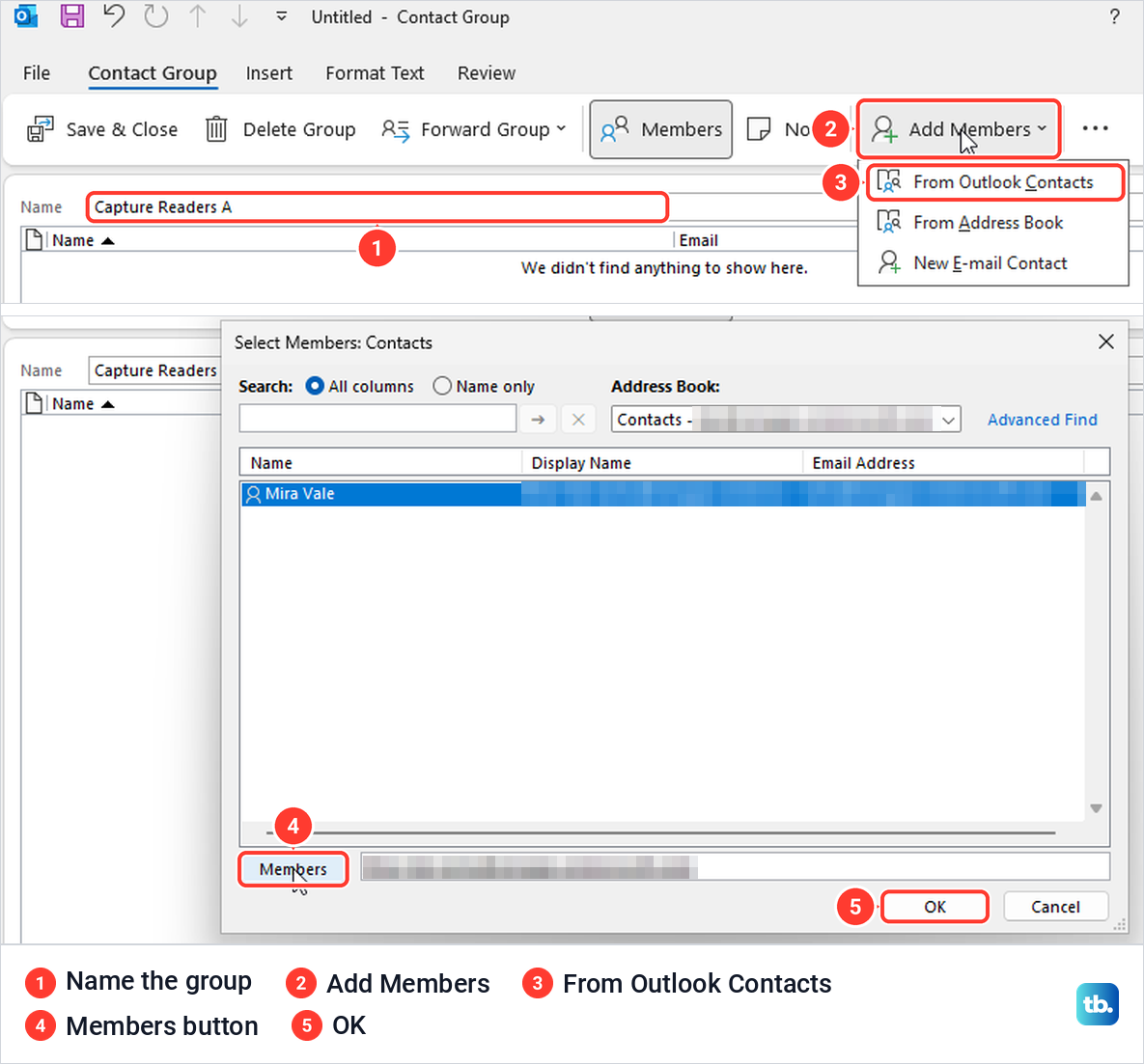 Classic Outlook contact group window with the Add Members menu and the Select Members Contacts picker.