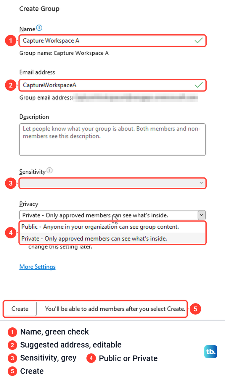 Classic Outlook Create Group form with name, email address, Sensitivity and the Privacy list open.